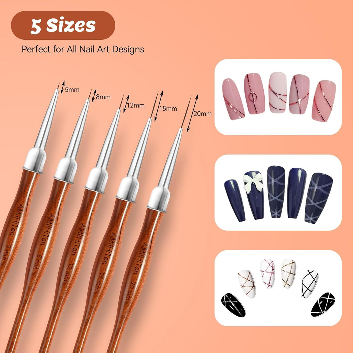Nail Art Liner Brushes, 5Pcs Wooden Nail Brushes for Fine Drawing & Detailed Nail Art, Gel Polish Painting Tools for Long Lines & Nail Design Sizes 5/8/12/15/20mm（Wood color）