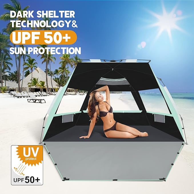 Beach Tent, Deluxe XL Pop-up Beach Tent for 4-6 Person, UPF 50+ with Dark Shelter Technology, Easy Set Up and Portable Beach Tent Sun Shelter