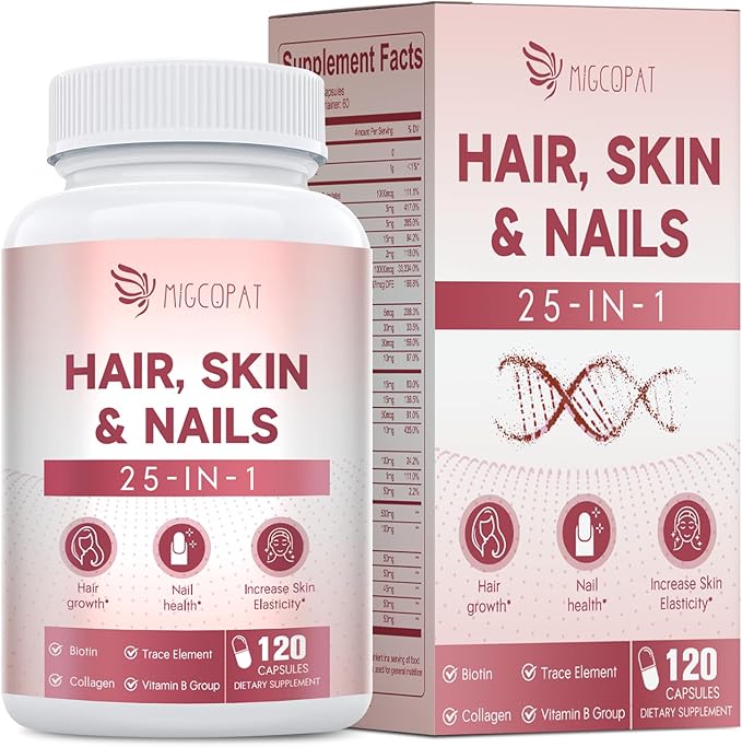 Biotin | Collagen | Vitamin, 25-in-1 Formula Hair, Skin & Nails Supplement with Vitamin B, C, D3, E, Folate, Iron - Supports Hair Growth, Skin Health, Nail Strength for Women