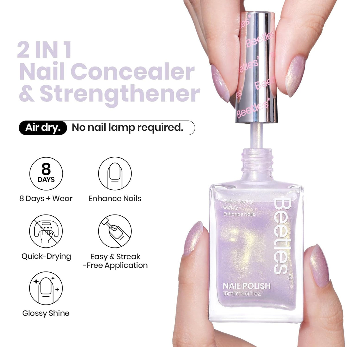 Beetles Nail Strengthener - Gold Purple Nail Concealer Fast Air Dry Shimmer Air Dry Nail Growth for Damaged Uneven Nails Fingernail Polish Imperfection Masking for Gold Shimmer Manicure Salon Quality