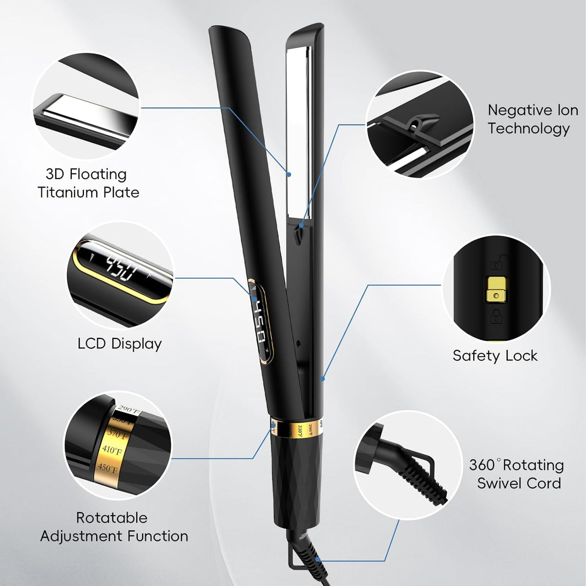 Nicebay Hair Straightener and Curler Fast Heating Titanium Iron with 5 Temp Settings and Negative Ion Technology, Travel-Friendly