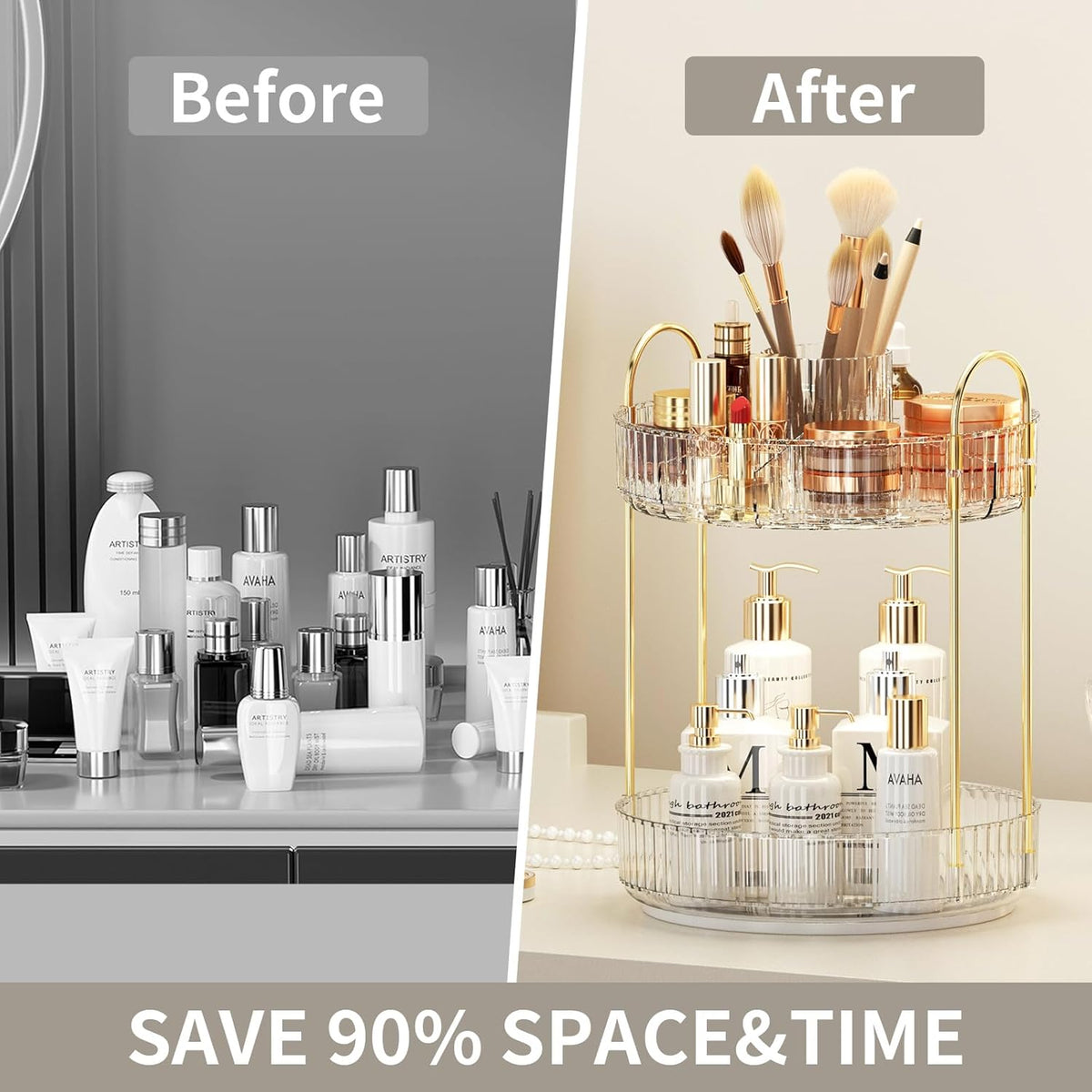 360° Rotating Makeup Organizer, Large-Capacity Skincare Make Up Storage 2 Tier Perfume Organizers Cosmetic Dresser Organizer with Makeup Brush Holder, Fits Bedroom, Bathroom, Vanity Shelf Countertop