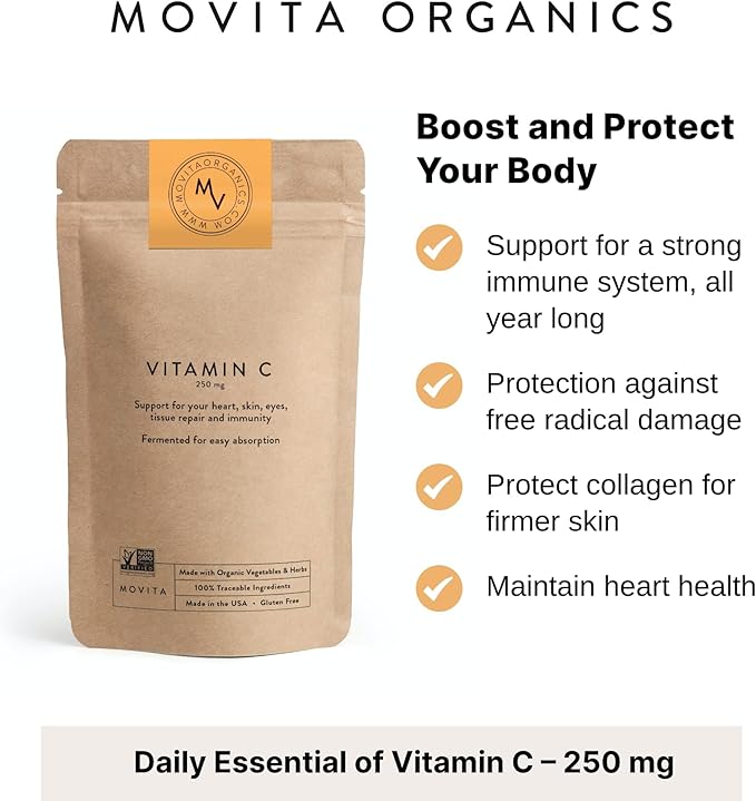 Movita Fermented Vitamin C 250mg – Immunity Booster, Antioxidant Protection, Aids Collagen Synthesis & Iron Absorption – Organic, Vegan, Gluten-Free, Non-GMO – 30-Day Supply (Eco-Friendly Pouch)