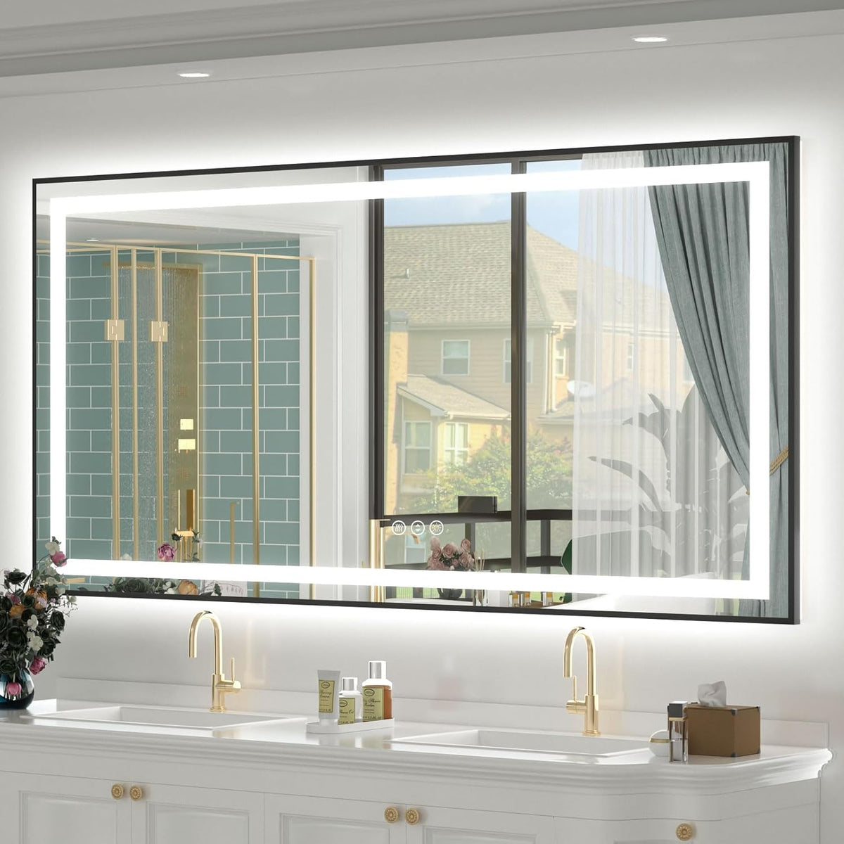 OKPAL 68x40 Black LED Bathroom Mirror with Lights, Frontlit & Backlit LED Mirror for Bathroom, Lighted Bathroom Vanity Mirror, Anti-Fog, Dimmable 3 Colors, Shatterproof, Horizontal/Vertical