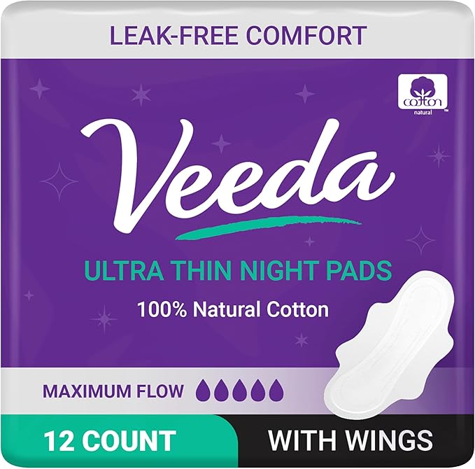 Veeda Natural Cotton Night Pads for Women - Overnight Heavy Flow Absorbent Ultra-Thin Feminine Pad - Hypoallergenic Period pads with Wings - Unscented & Chlorine free Sanitary Napkins - 12 Count