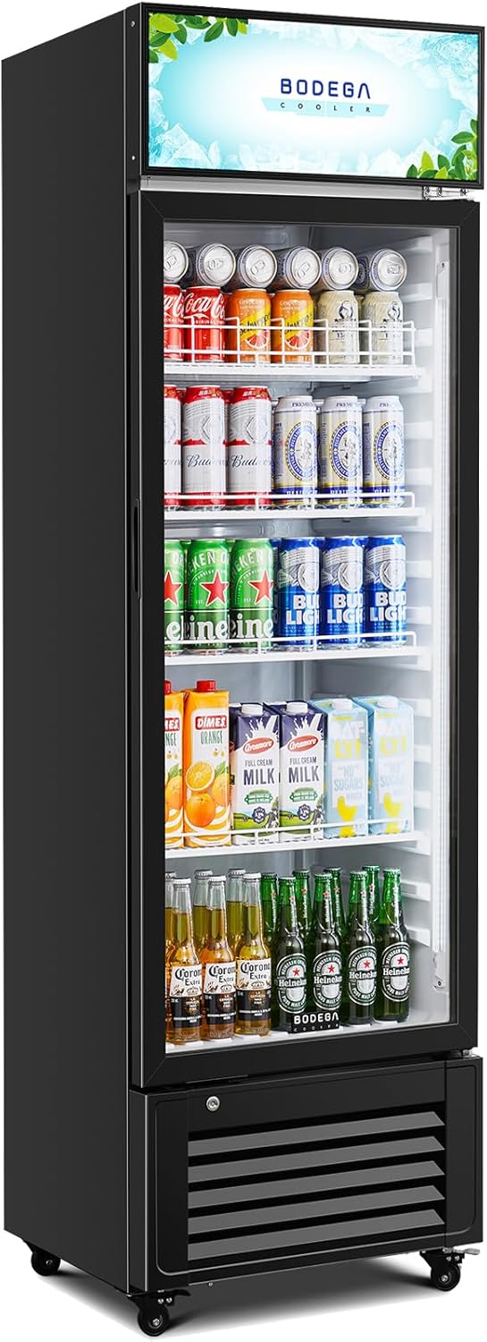 BODEGACOOLER Commercial Refrigerators with 4 shelves, 240 cans &160 bottles Beverage, 11.3 Cu. Ft. Commercial Merchandiser Refrigerators with Soft LED Light,For Garage, Gym, Man cave, Shop, Office.