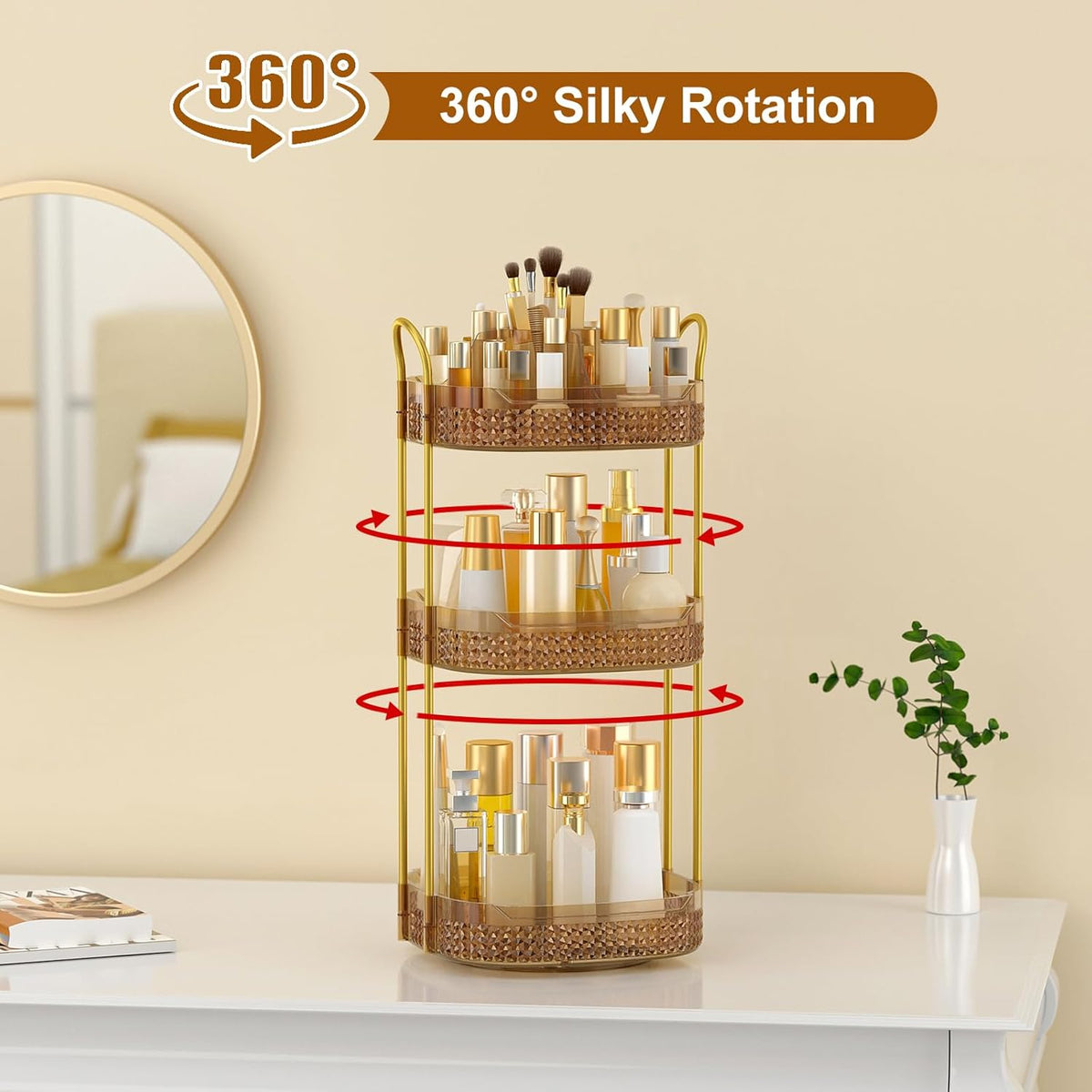 Rotating Makeup Organizer for Vanity 3 Tier, Perfume Organizer with Makeup Brush Holder, Large Capacity Cosmetics Clear Skincare Organizer for Countertop (Pink)