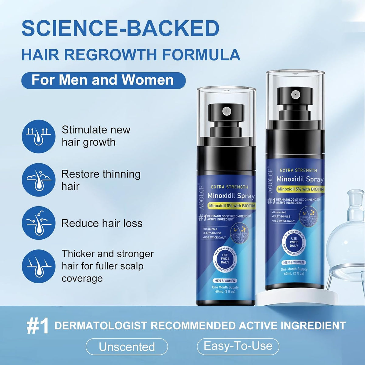 5% Minoxidil Spray for Men and Women, Infused with Biotin, for Hair Regrowth Treatment, Beard Growth, Extra Strength Treatment to Combat Hair Loss and Thinning, 6 Month Supply, 6 Bottles