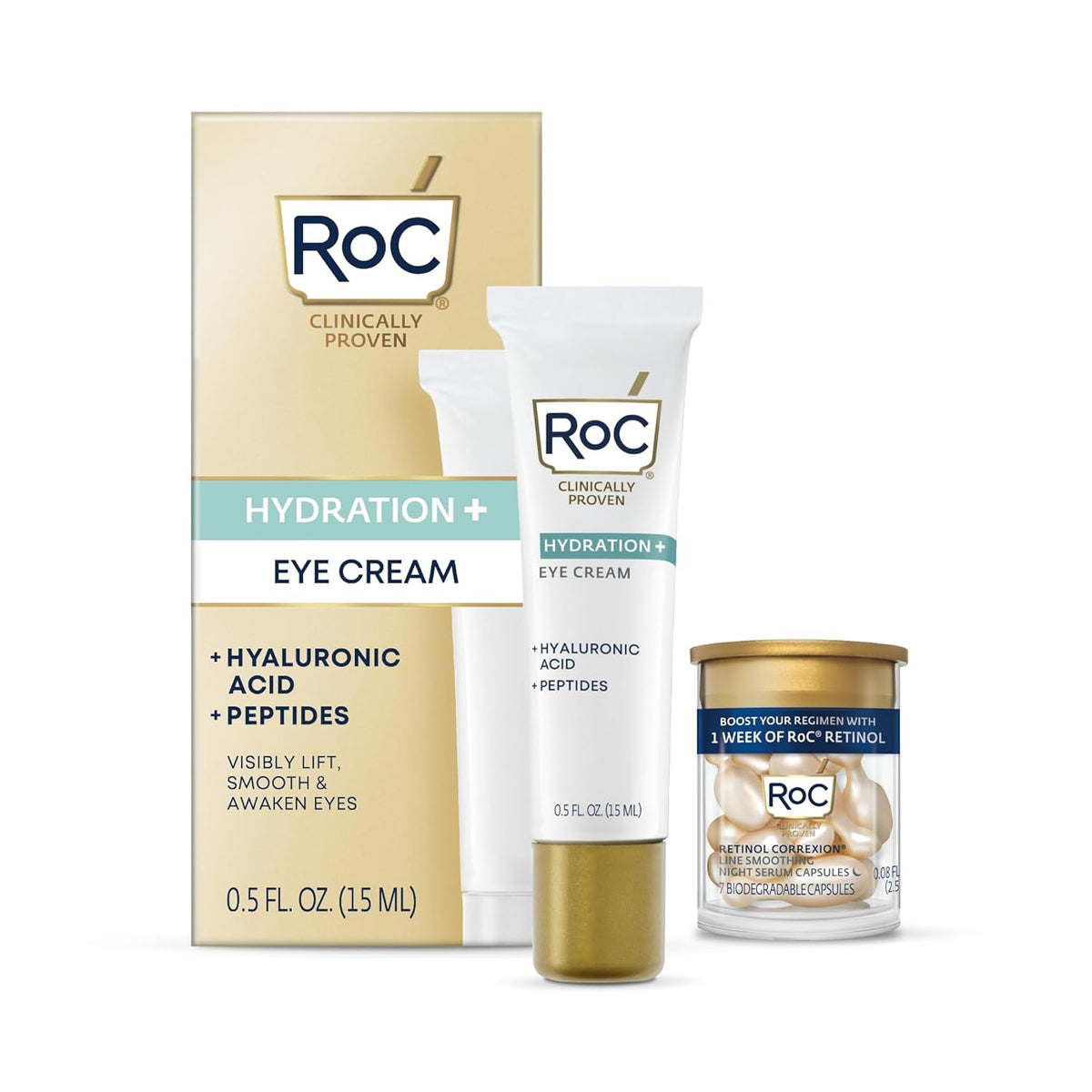 RoC Multi Correxion Hyaluronic Acid Anti Aging Under Eye Cream for Puffiness & Dark Circles (.5 OZ) + RoC Retinol Capsules (7 CT), Skin Care Routine, Fragrance & Paraben Free for Women and Men