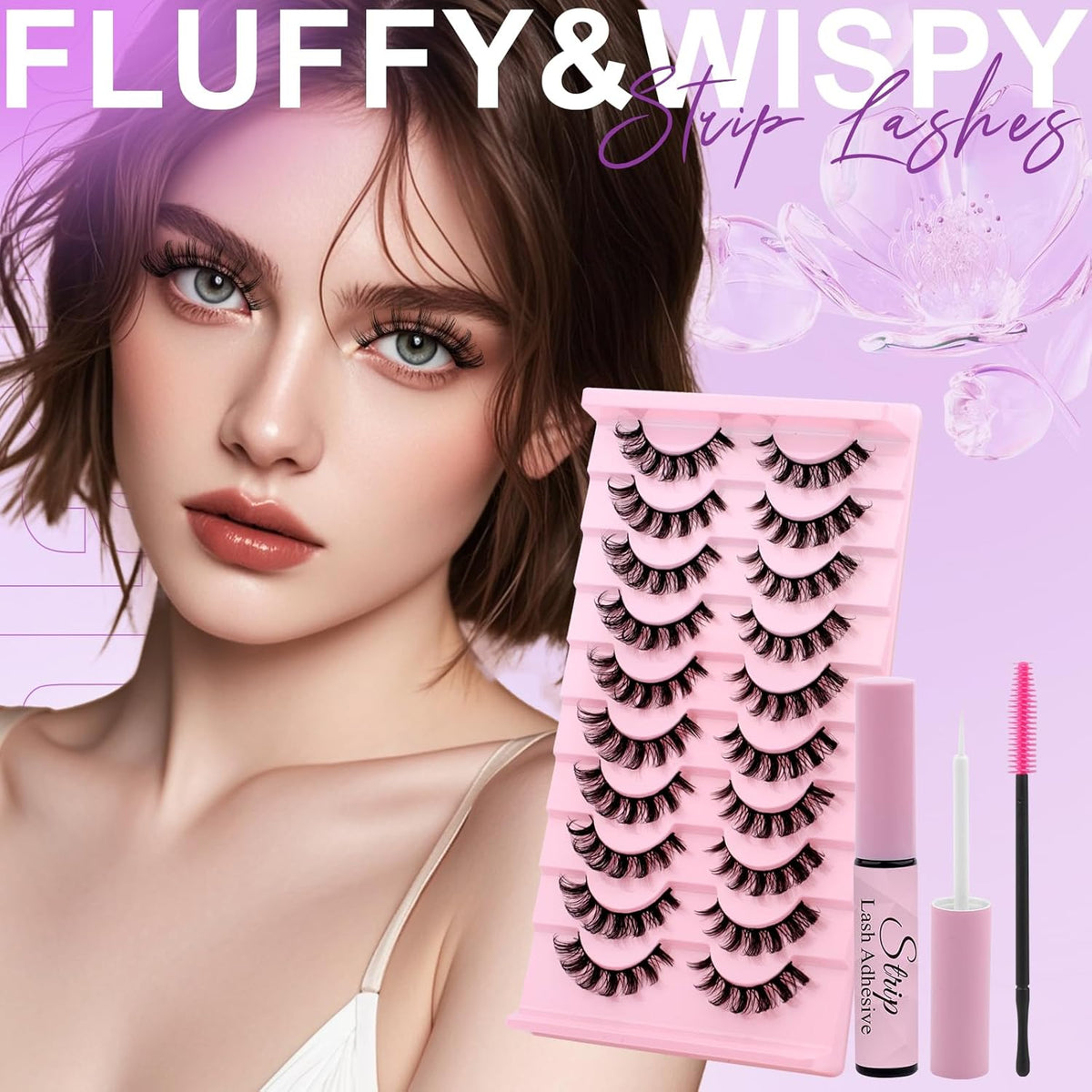 Strip Lash with Glue for DIY Lash-users: 10 Pairs, DIY, Natural Look, Fluffy, Manga, Wispy, Waterproof, Anime, Cat Eye, D Curl, DH06-02