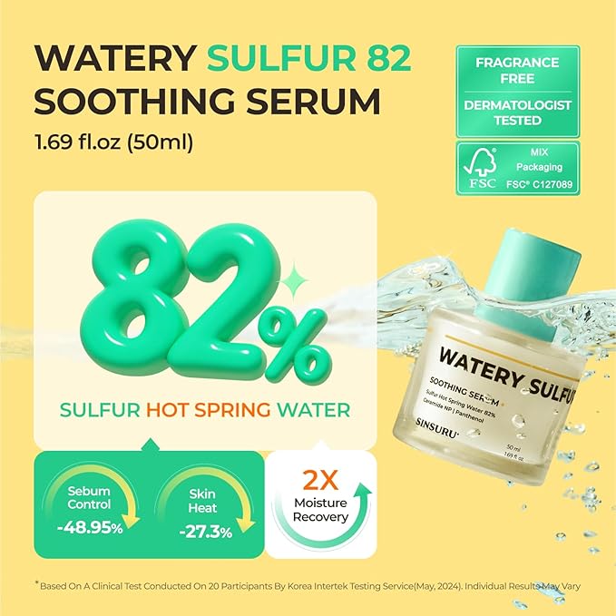 Watery Sulfur 82 Soothing Serum – Gentle Daily Face Serum for Acne-Prone & Sensitive Skin with 82% Sulfur Hot Spring Water, Fragrance-Free Formula | Korean Skincare (1.69 fl.oz / 50ml)