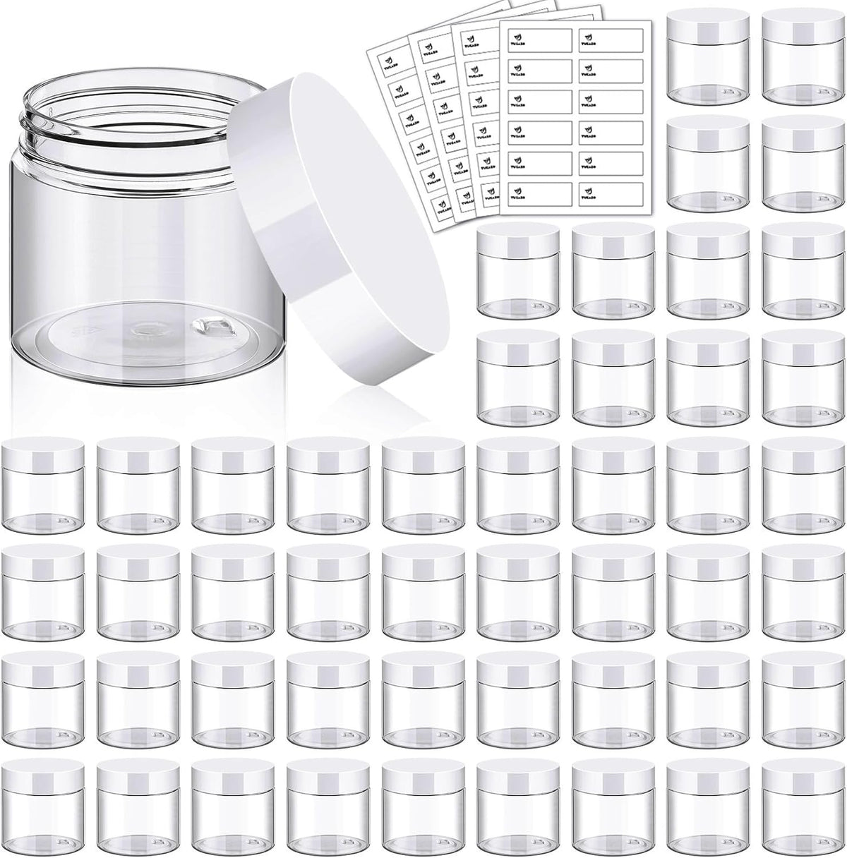 TUZAZO 48 Pack 2 Oz Small Plastic Container Jars with Lids and Labels BPA Free, Empty Round Clear Cosmetic Containers Plastic Slime Jars for Lotion, Cream, Ointments, Samples, Travel Storage (48)