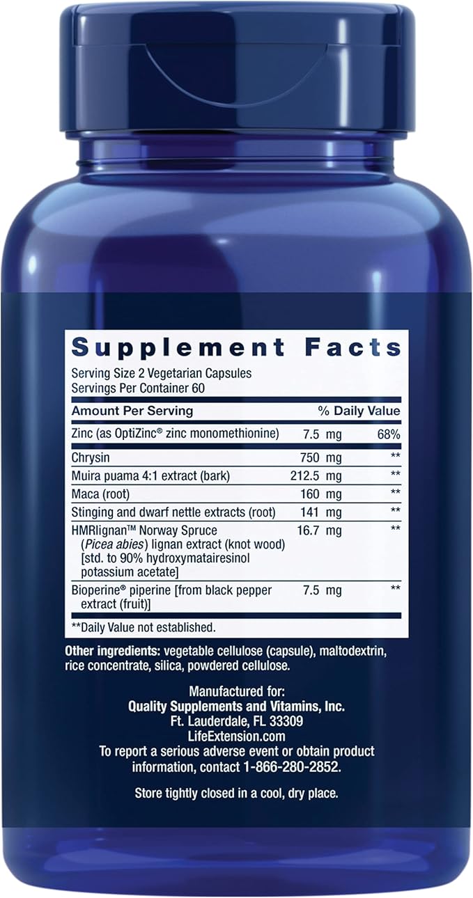 Life Extension Super Miraforte with Standardized Lignans, chrysin, Nettle Root, Muira puama, maca, zinc, Focused Formula for Testosterone Benefits, Vegetarian, Gluten-Free, Non-GMO, 120 Capsules