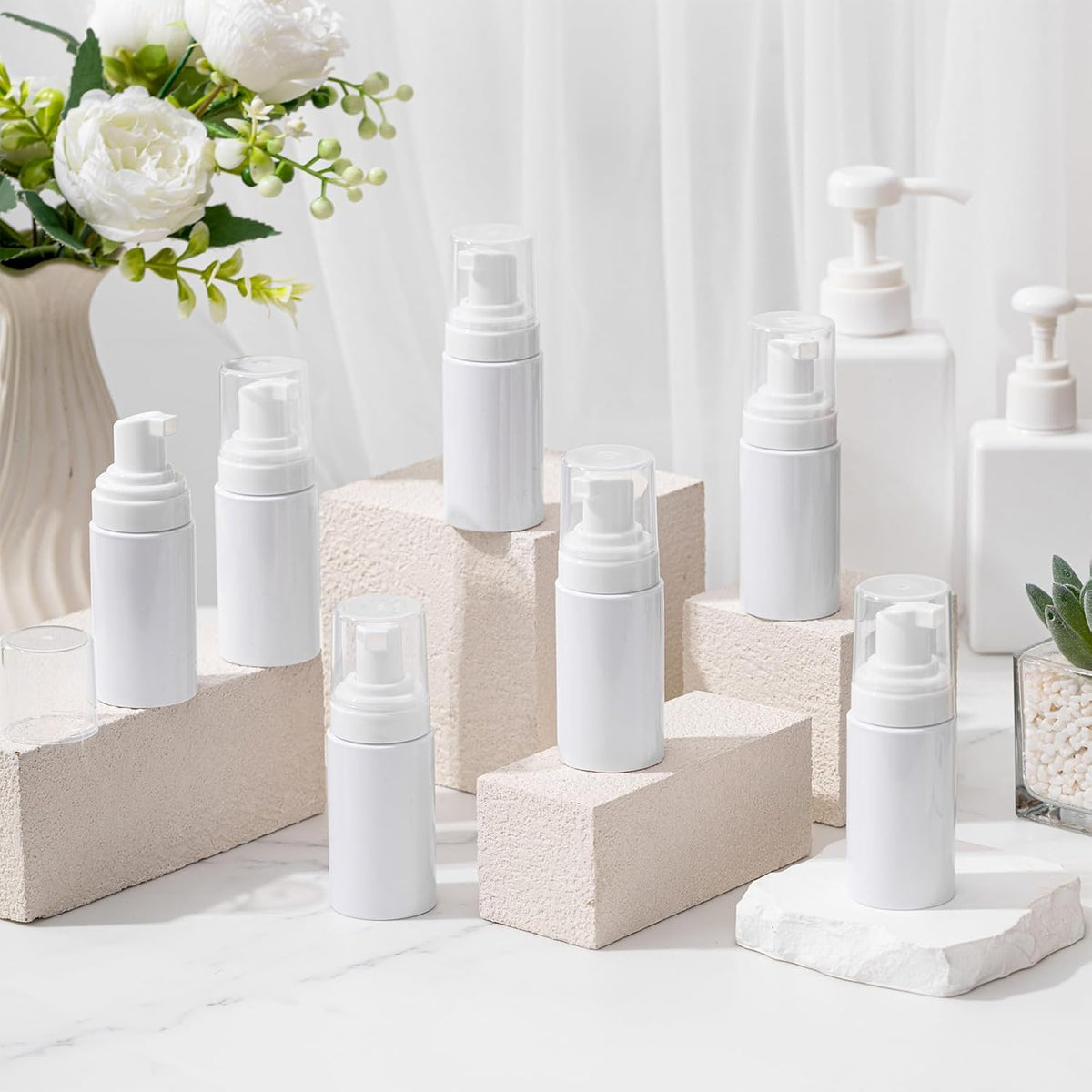 50pcs Foam Pump Bottles 1oz/30ml Plastic Mini Empty Dispenser DIY Travel Face Cleanser Mousse Soap Foam Bottle Refillable Hand Soap Eyelash Shampoo Cosmetics Portable Travel Pack(White)