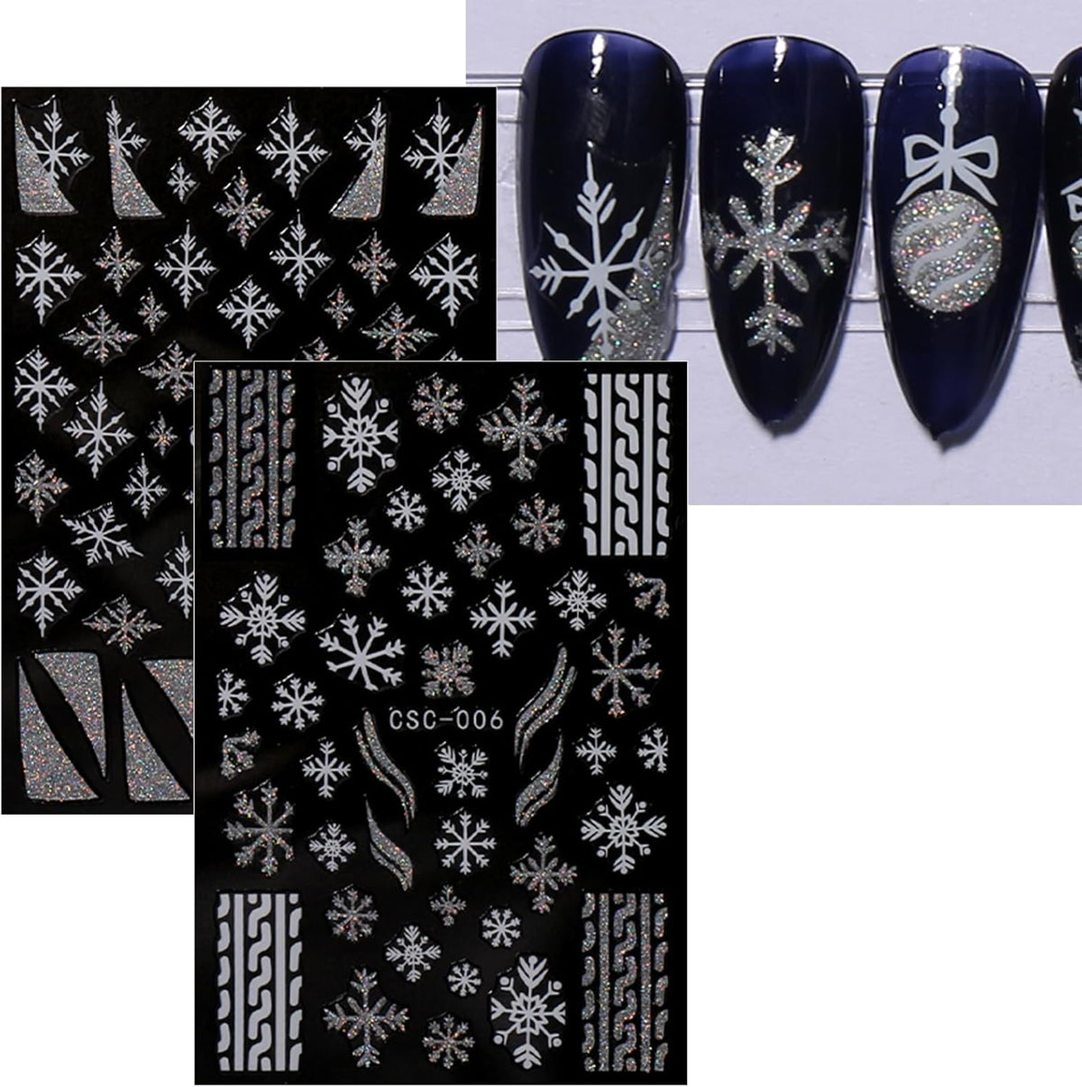JMEOWIO 8 Sheets Christmas Glitter Nail Art Stickers Decals Self-Adhesive Snowflake Winter Holiday Cute Silver White Nail Supplies Nail Art Design Decoration Accessories