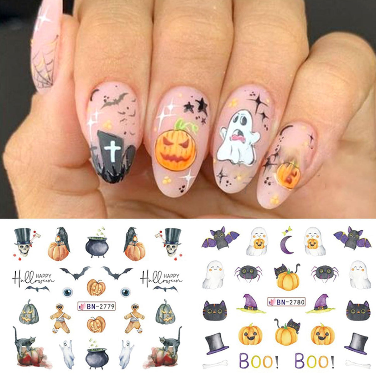 Halloween Nail Art Stickers - Spooky Ghost Pumpkin Water Transfer Foils Decals - Cartoon Witch Bat Spider Skeleton Designer Accessories for Nail Art - 12 Sheets