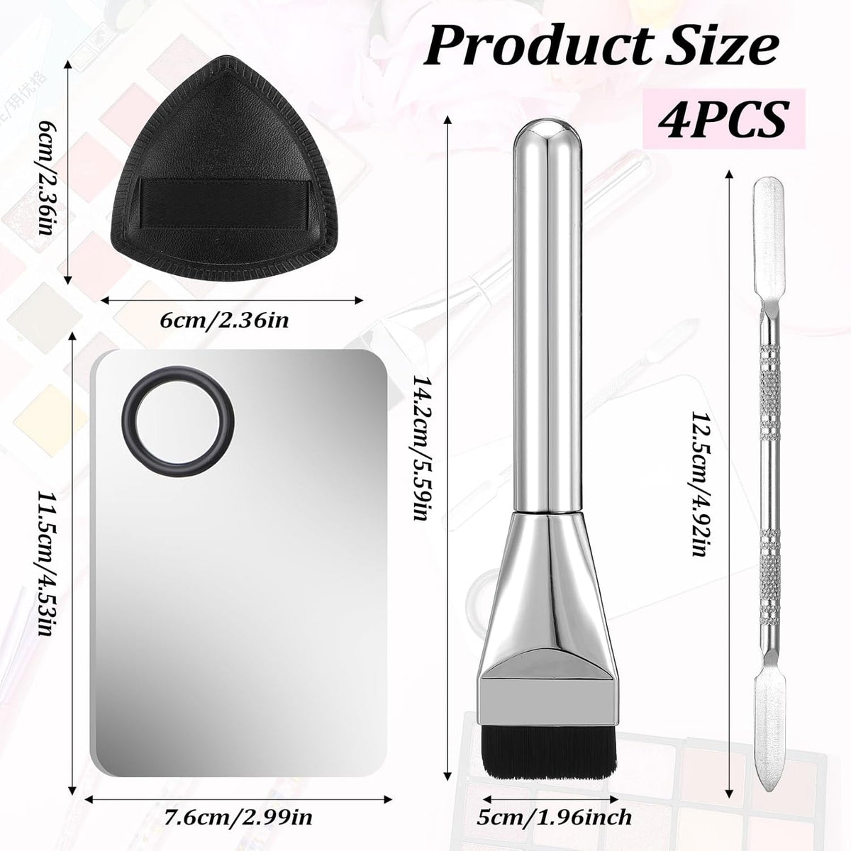 4 Pcs Makeup Foundation Mixing Palette Set Including Make Up Spatula, Makeup Brush, Palette Tray, Powder Puff, Foundation Makeup Mixing Palette, Makeup Palette Tray (Stainless Steel)