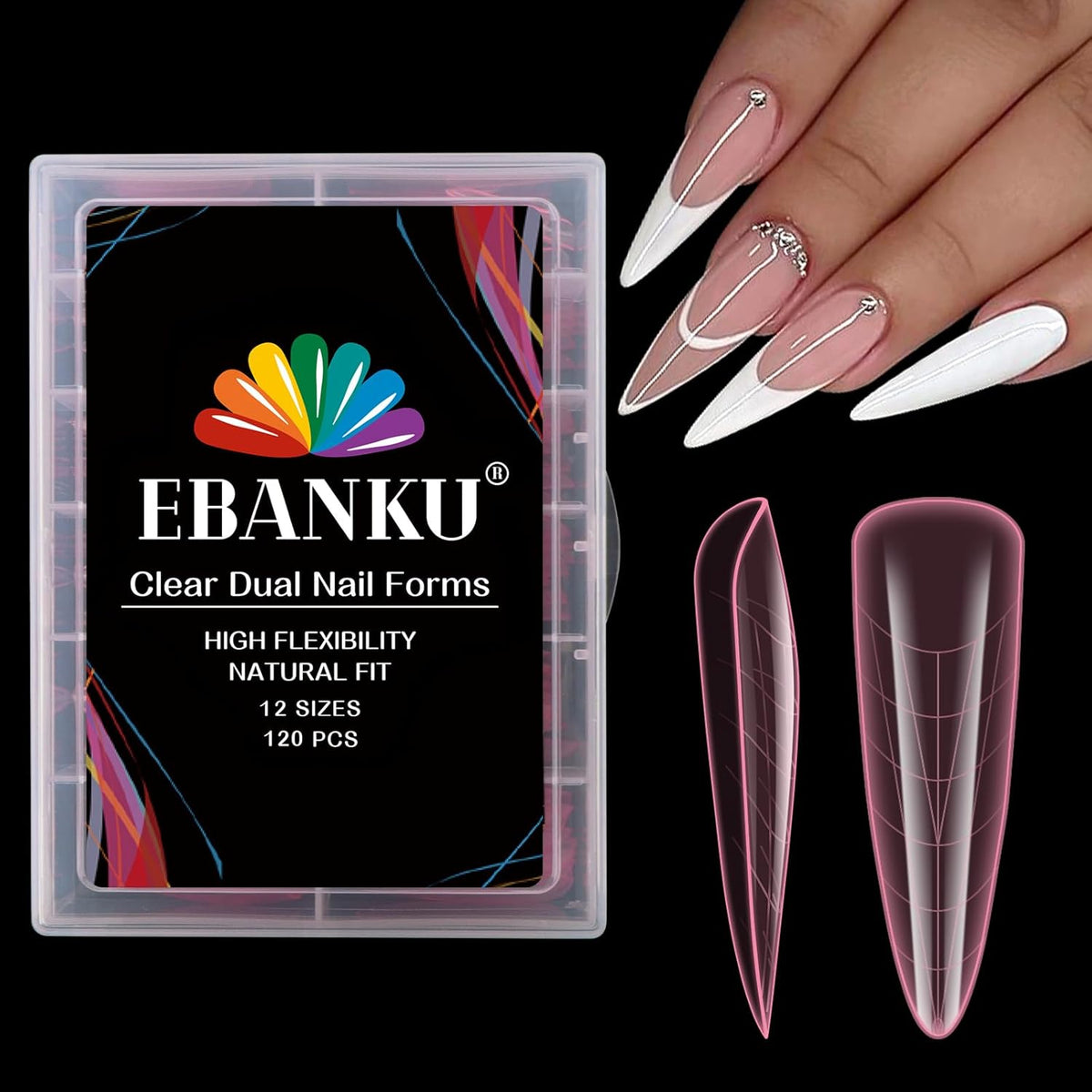 EBANKU Stiletto Dual Nail Forms for Poly Extension Gel, 120 PCS Pink Nail Molds Reusable Nail Extension Forms for Builder Gel Manicure Design Salon DIY-12 Sizes