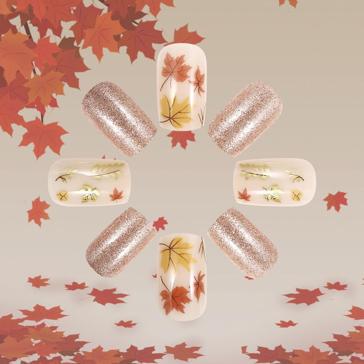 Glitter Fall Press on Nails Medium Square Thanksgiving Fake Nails with Maple Leaf Design Autumn Acrylic Glue on Nail Glossy Maple Leaves Artificial Stick on Nail for Women DIY Manicure