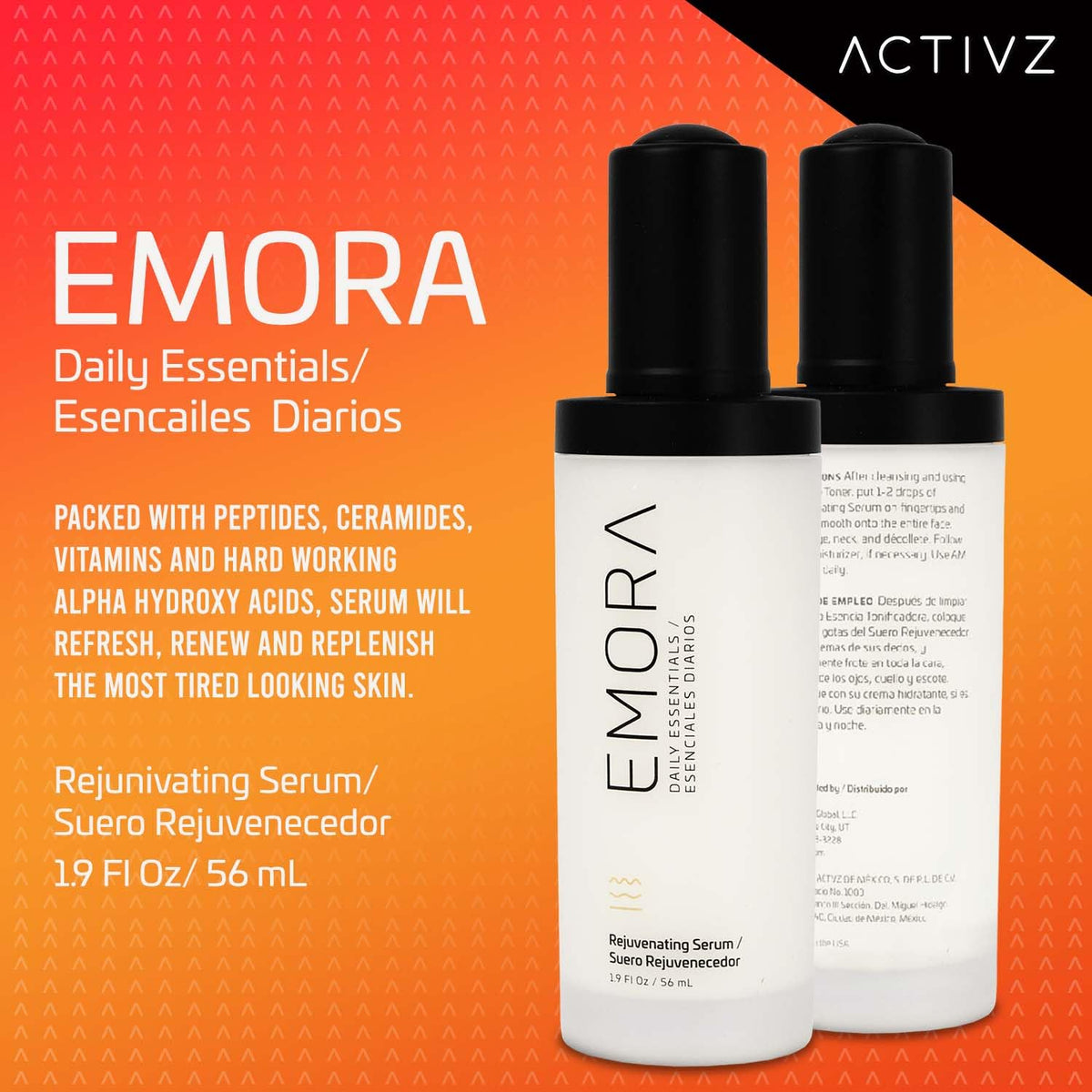 ACTIVZ Emora Rejuvenating Serum - Nourishes, Tones, Renews Skin with Saccharomyces Ferment, Rosa Canina, Niacinamide, Green Tea, and Vitamin E - 56ml