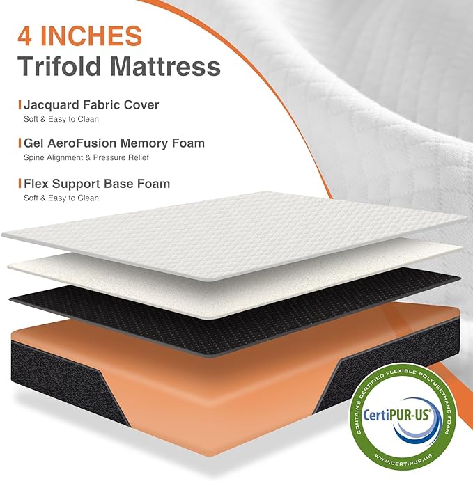 Sweetcrispy Tri-fold Floor Mattress - Memory Foam 4 Inch Single Size Portable Bed Pad, Foldable Floor Mat, Collapsible and Washable Cover with CertiPUR-US Certified, for Travel & Camping & Yoga