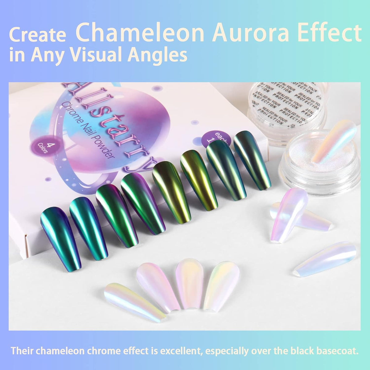 Allstarry White Chrome Nail Powder, 4 PCS Color-Shift Chameleon Mica Powder Aurora Chrome Effect Glitter Dust Iridescent Pearlescent Pearl Pigment for Gel Polish Nail Art Decoration, Resin Craft