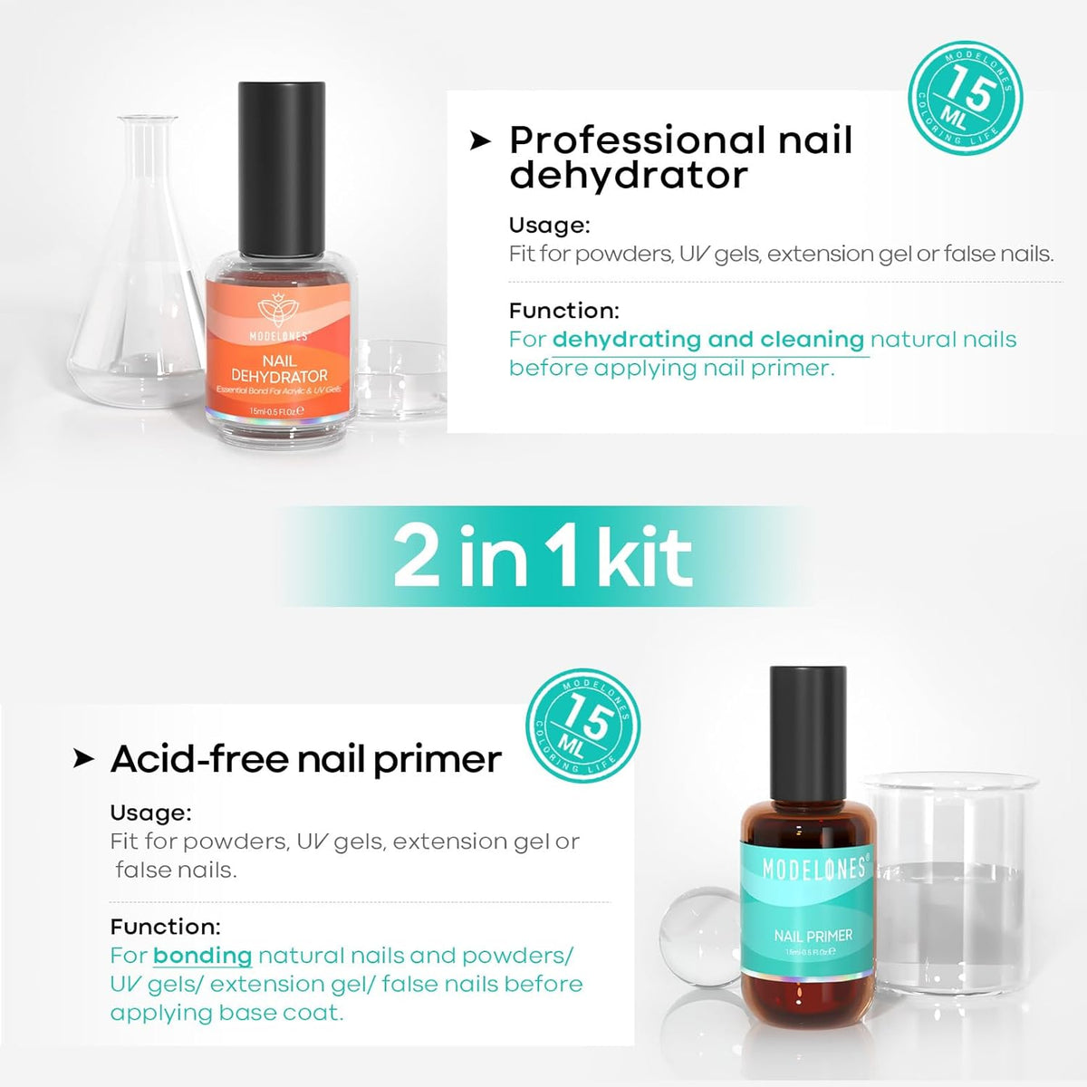 modelones 4 Pcs Nail Dehydrator and Primer, 15 ml Acid Free Natural Prep Dehydrate & Bond Primer Hema-Free Bonding for Nail Supplies