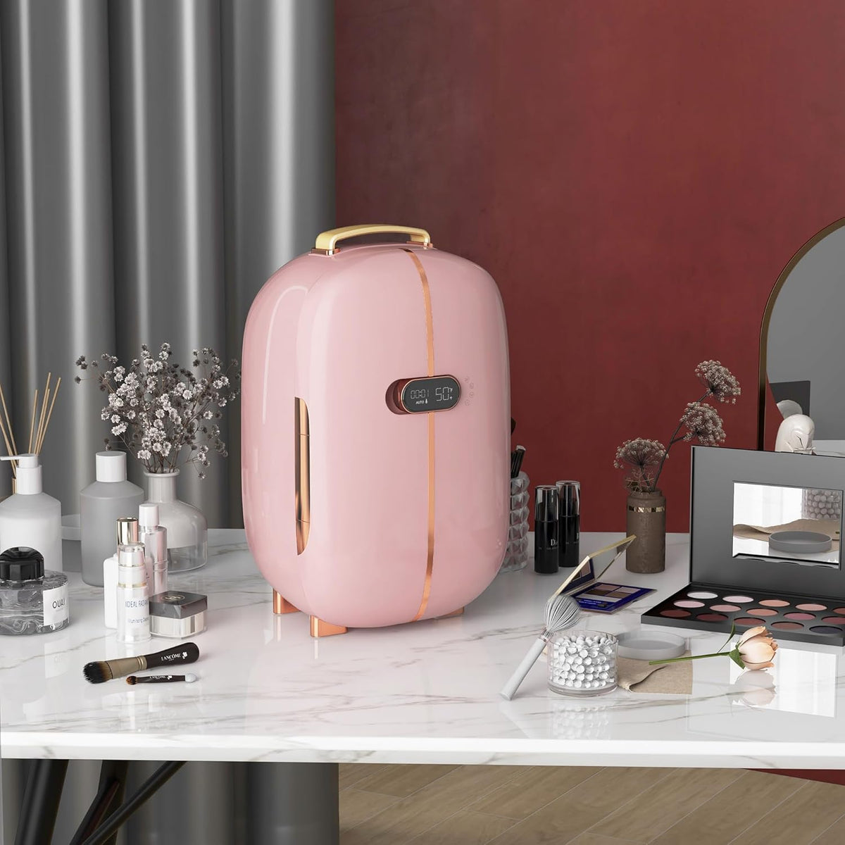 HOMCOM Portable Skincare Fridge with LED Display, 12L Mini Fridge for Beauty, Makeup and Cosmetics, Small Refrigerator Cooler for Bedroom, Home Office, Desktop, Pink