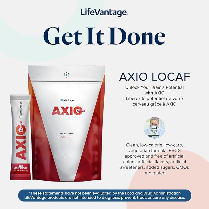 LifeVantage - AXIO - Regular Energy Drink Powder, Red Raspberry - with B Vitamins, DMAE, L-Theanine, Quercetin, Green Tea and Pine Bark - 30 Packets