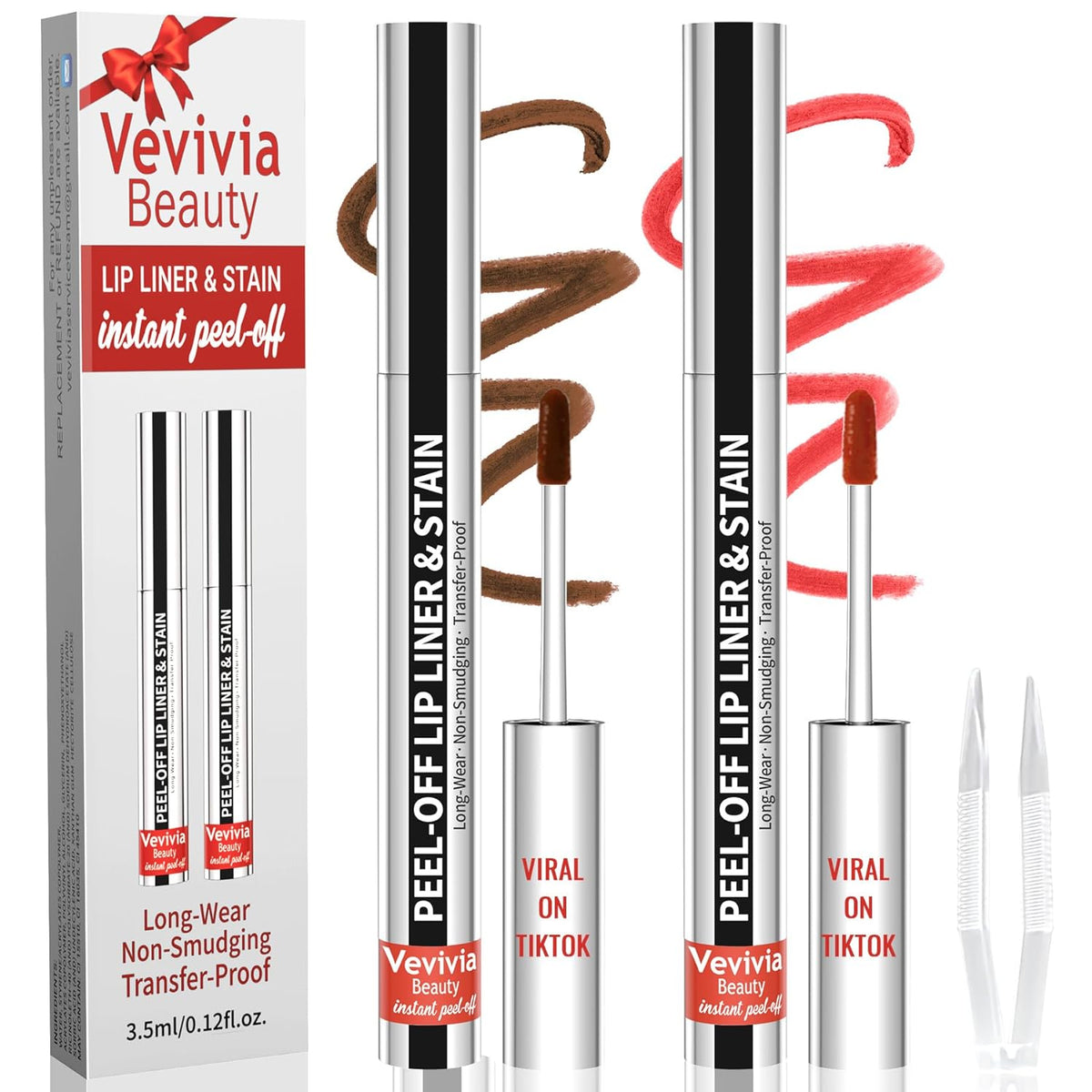 2pcs Lip Stain Peel Off - Lip Liner Stain Long Lasting Waterproof,2-in-1 Lip Liner with Tweezer Nude Matte,Non-Stick Cup,Highly Pigmented，Natural Finish,Stay On All Day,Perfect for Gift (Cocoa+Coffee)
