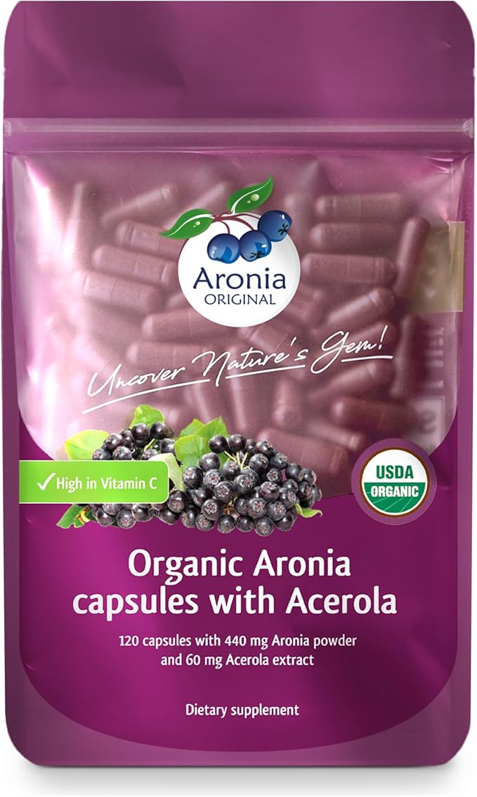 Aronia Berry Capsules Organic (60 Servings) | 17,600 mg Fresh Aronia Berries Equivalent & 120 mg Acerola Cherry Extract per Serving | High in Vitamin C & Antioxidants | Black Chokeberry Supplement