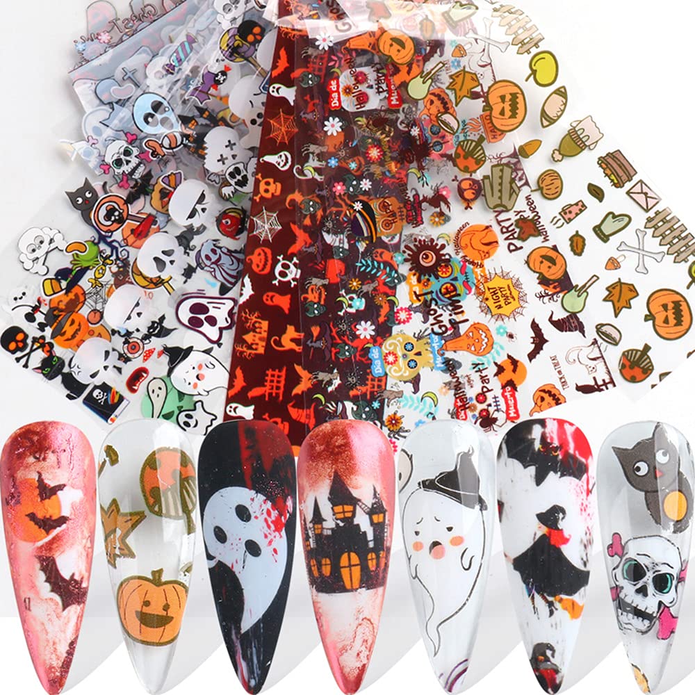 Halloween Series Transfer Stickers Kawaii Nail Art Foils Tattoo Decals - Pumpkin, Ghost, Sugar Skull, Haunted House, Spider Web, Candy Wrap Design - Manicure Tips Decorations Supplies