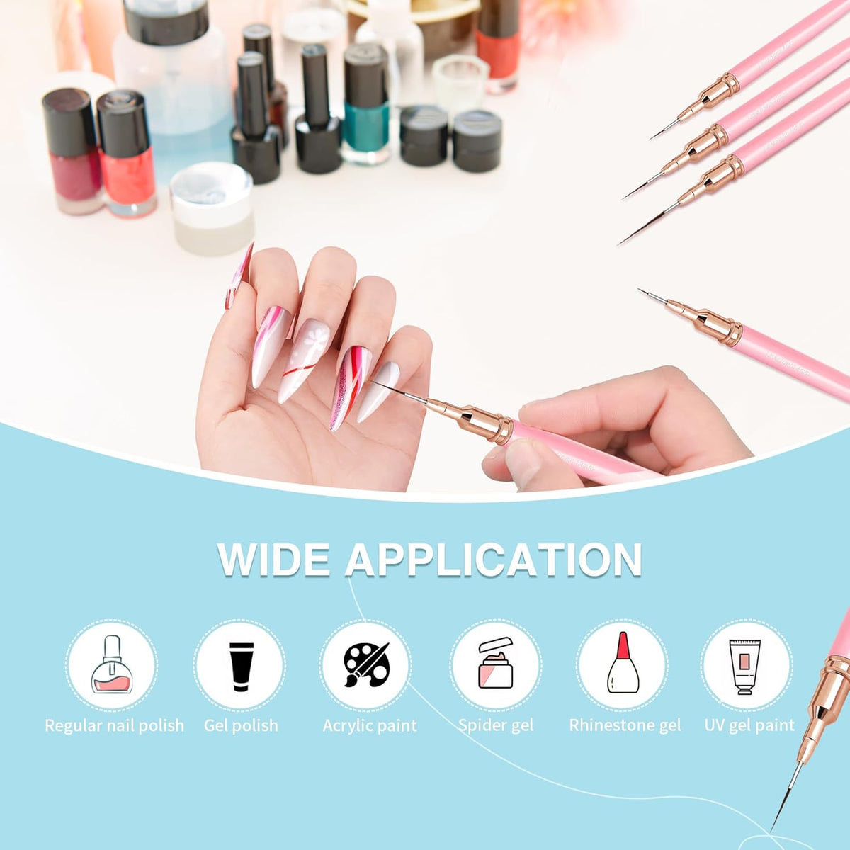 Metallic Nail Art Brushes, 5Pcs Nail Art Liner Brushes, Painting Art Design Brush Set Nail Dotting Drawing Tool for Long Lines, Thin Details, Fine Drawing Sizes 4/8/12/20/25mm, Pink