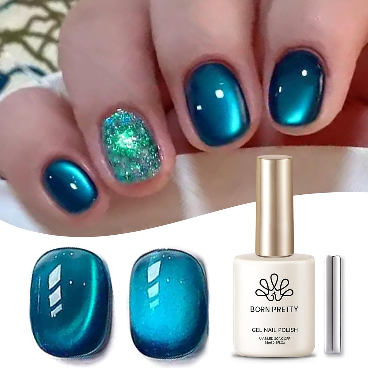 Born Pretty Cat Magnetic Gel Nail Polish, Sea Blue Crystal Cat, Holographic Magnetic Nail Art Manicure Salon DIY at Home 15ML