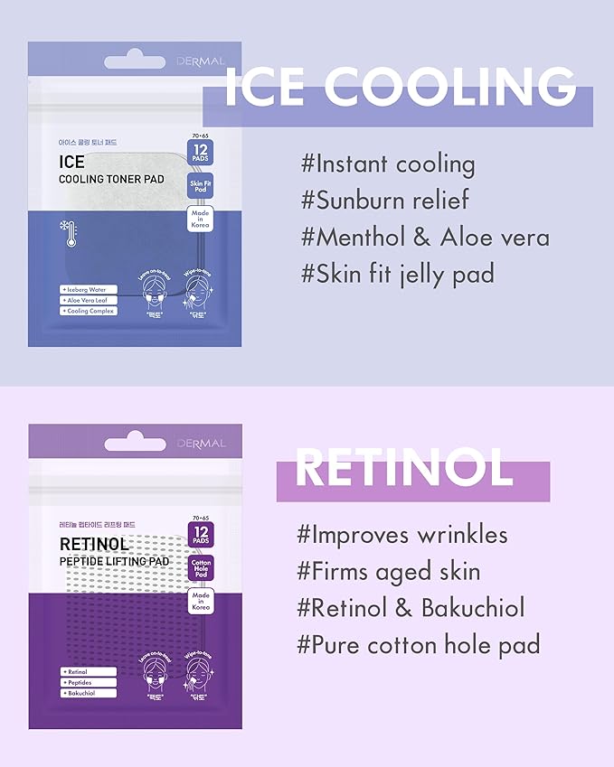 DERMAL 6 Types Toner Pad Trial Kit Portable Travel Combo Set - Ice Cooling, Collagen, Retinol, Madecassoside, Tea Tree, Vitamin Korean Face Toner Pads, 12 Pads x 6 Pack