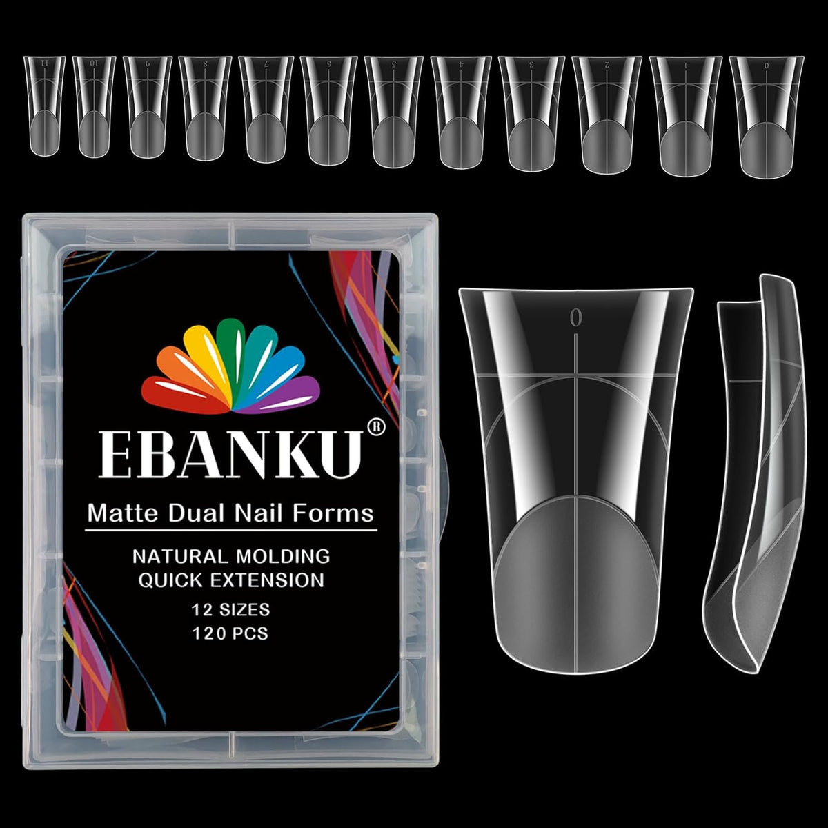 EBANKU Duck Nail Dual Forms for Poly Nail Extension, 120PCS Medium Length Duck Nail Tips Reusable Full Cover French Tip Molds for Builder Gel Nail Art Design Salon&DIY, 12 Sizes