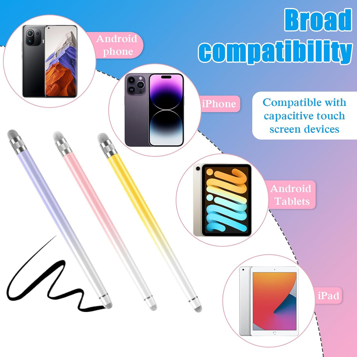 Bopomofo 3PCS Stylus Pen for Touchscreen,Stylus Pen for iPhone/iPad/Tablet Android/Microsoft/Surface,Compatible with Touch Screens(Purple/Pink/Yellow)