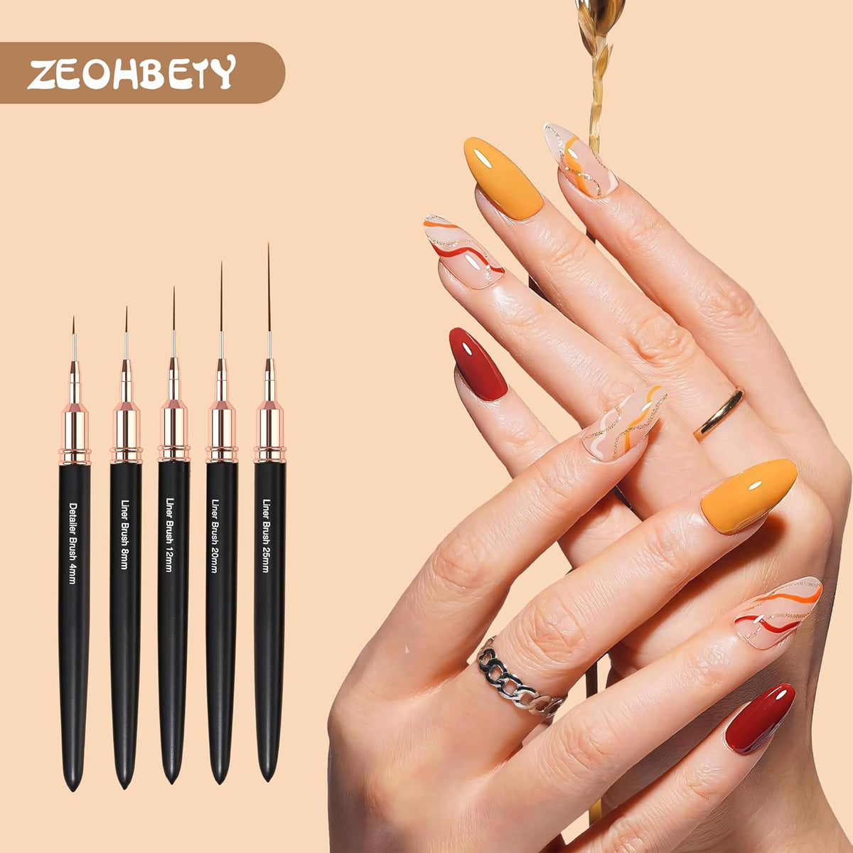 Metallic Nail Art Brushes, 5Pcs Nail Art Liner Brushes, Painting Art Design Brush Set Nail Dotting Drawing Tool for Long Lines, Thin Details, Fine Drawing Sizes 4/8/12/20/25mm, Black