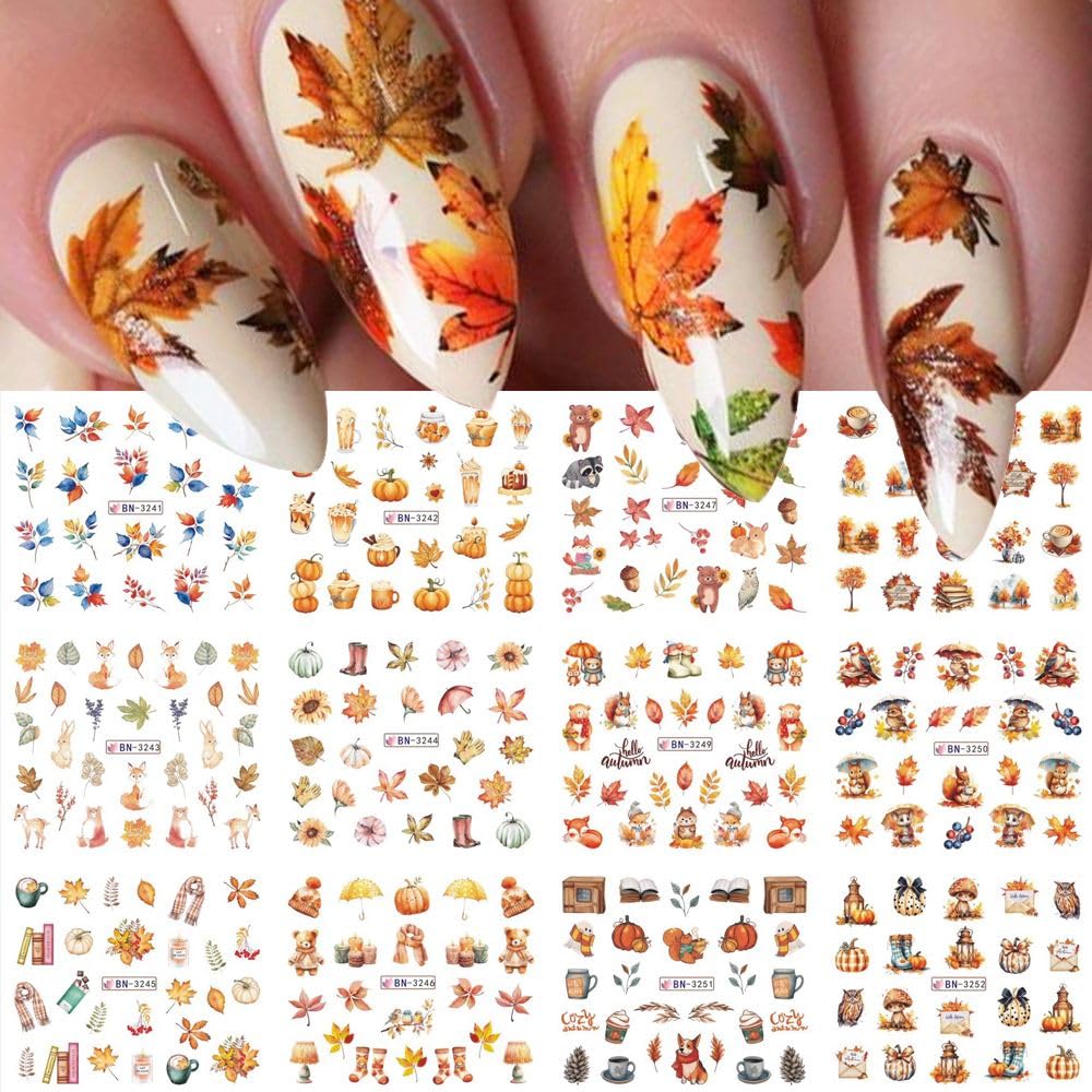 Fall Maple Leaf Nail Art Stickers for Thanksgiving Day Accessories - Autumn Water Transfer Decals With Fall Harvest Pumpkin Squirrel Bird Watermark Slider Foils for Women