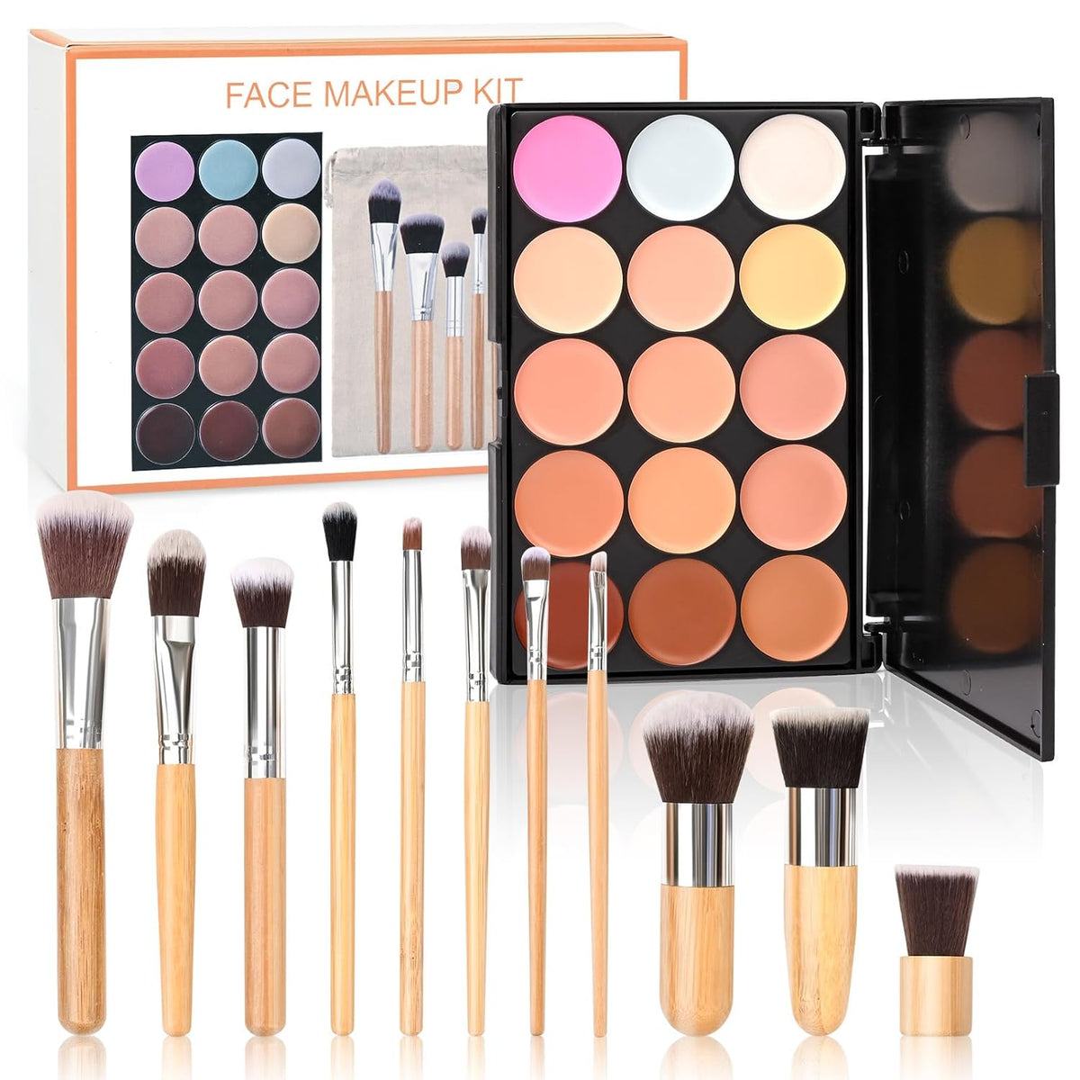 15 Colour Makeup Contour Palette Cream Kit, with 11 Pcs Complete Function Makeup Brushes Set and Storage Bag, Highlighting Light, Medium to Dark, Vegan & Cruelty Free