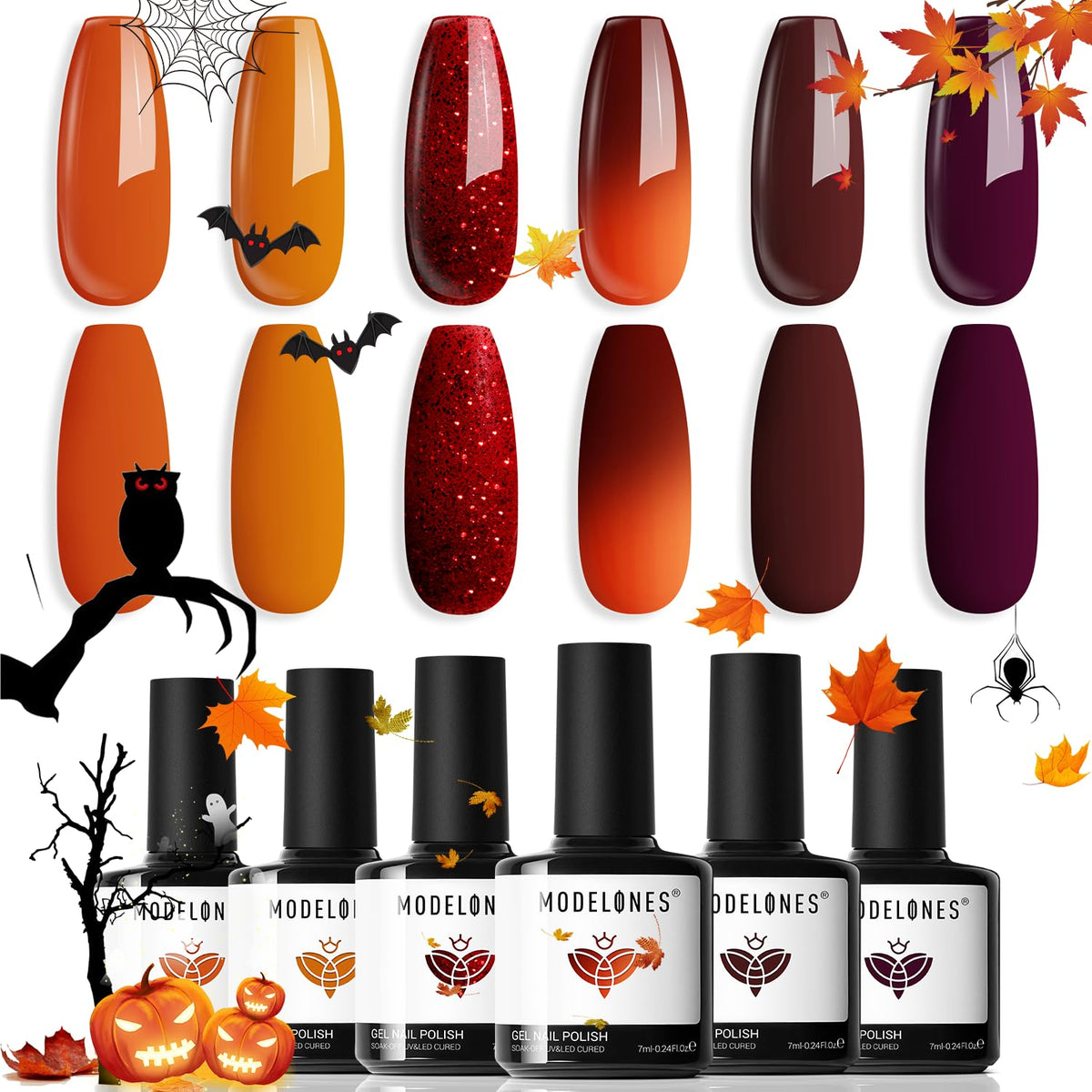 Modelones Fall Gel Nail Polish Set, 6 Colors 2025 Maple Burnt Orange Brown Maroon Burgundy Red Glitter Gel Polish Cherry Mocha Turkey Pumpkin Color Changing Nail Polish Halloween Manicure LED DIY Gift