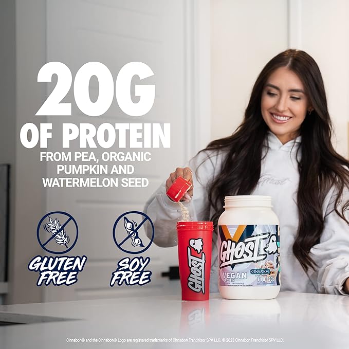 GHOST Vegan Protein Powder, Cinnabon - 2lb, 20g of Protein - Plant-Based Pea & Organic Pumpkin Protein - ­Post Workout & Nutrition Shakes, Smoothies, & Baking - Soy & Gluten-Free