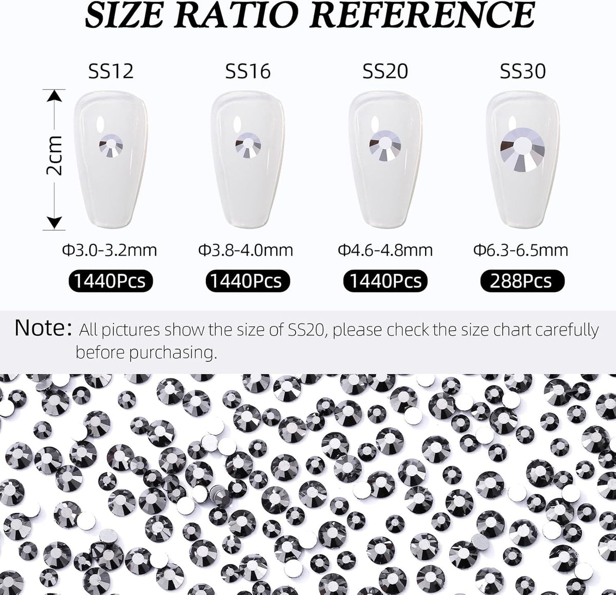 Black Hematite Flatback Rhinestones, Glass Rhinestones for Nail Art and Craft, Glue Fix, Loose Crystal Gemstones(Black Hematite, SS30, 288pcs, 6.4-6.6mm)