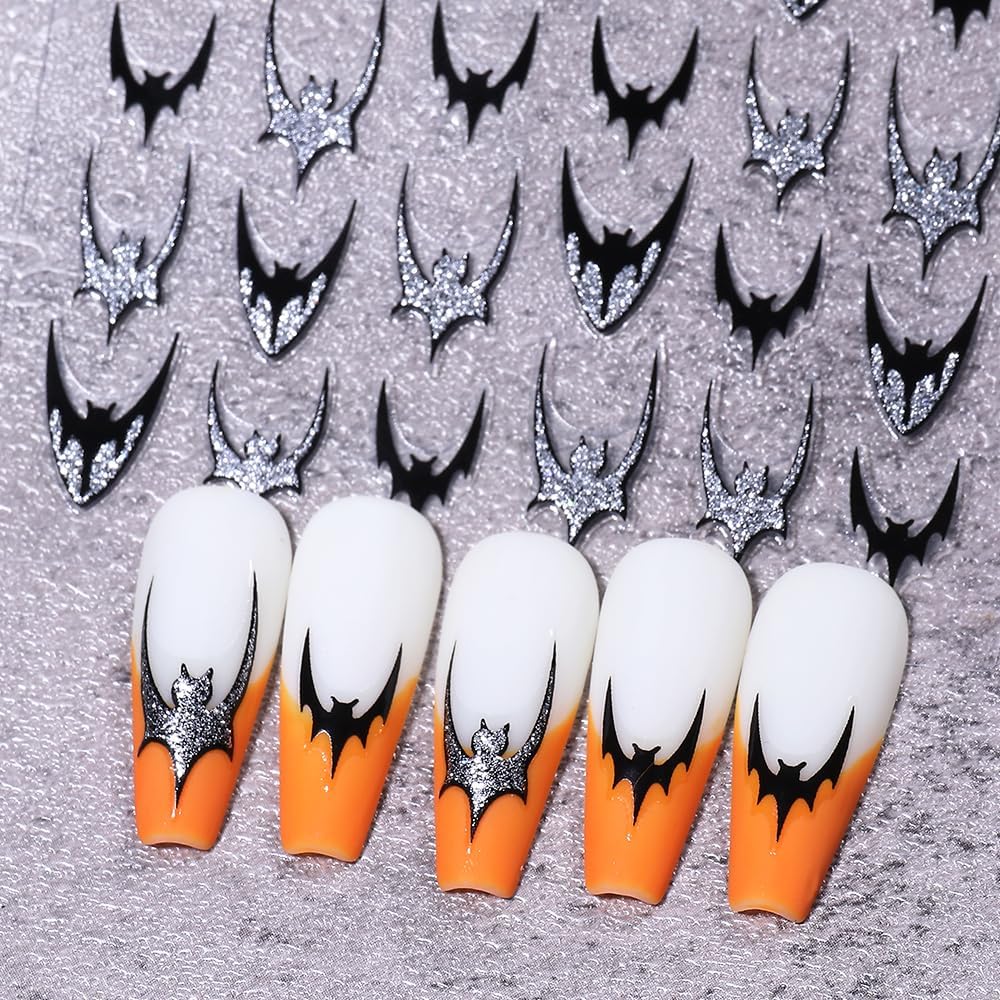 4Pcs Gothic Halloween Nail Art Stickers - Self-Adhesive Black Bat Wing Stickers, Gold/Silver/Glitters Nail Decals, Halloween Nail Art Decals for Manicure, Parties, Everyday Gothic Nail Decorations
