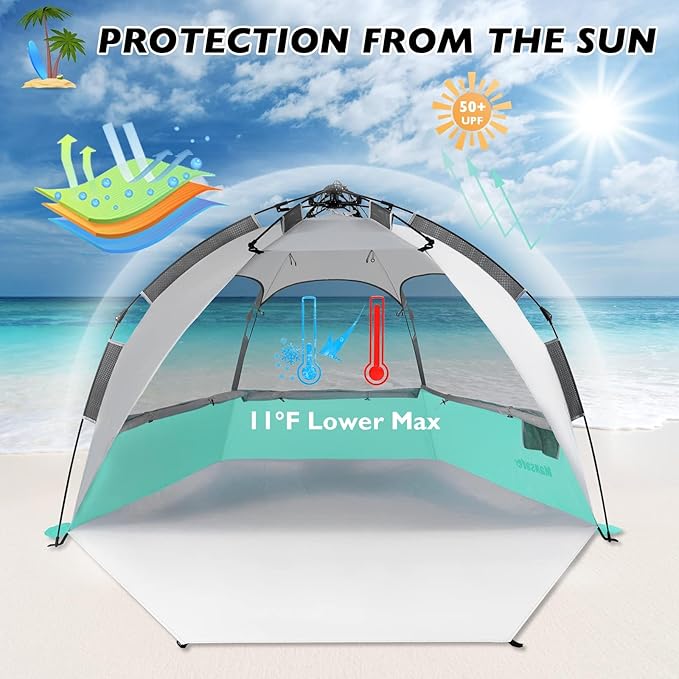 Beach Tent Pop Up Shade, Instant Beach Tents Sun Shelter with UPF 50+ UV Protection, Lightweight & Easy Setup Tent 2-6 Person