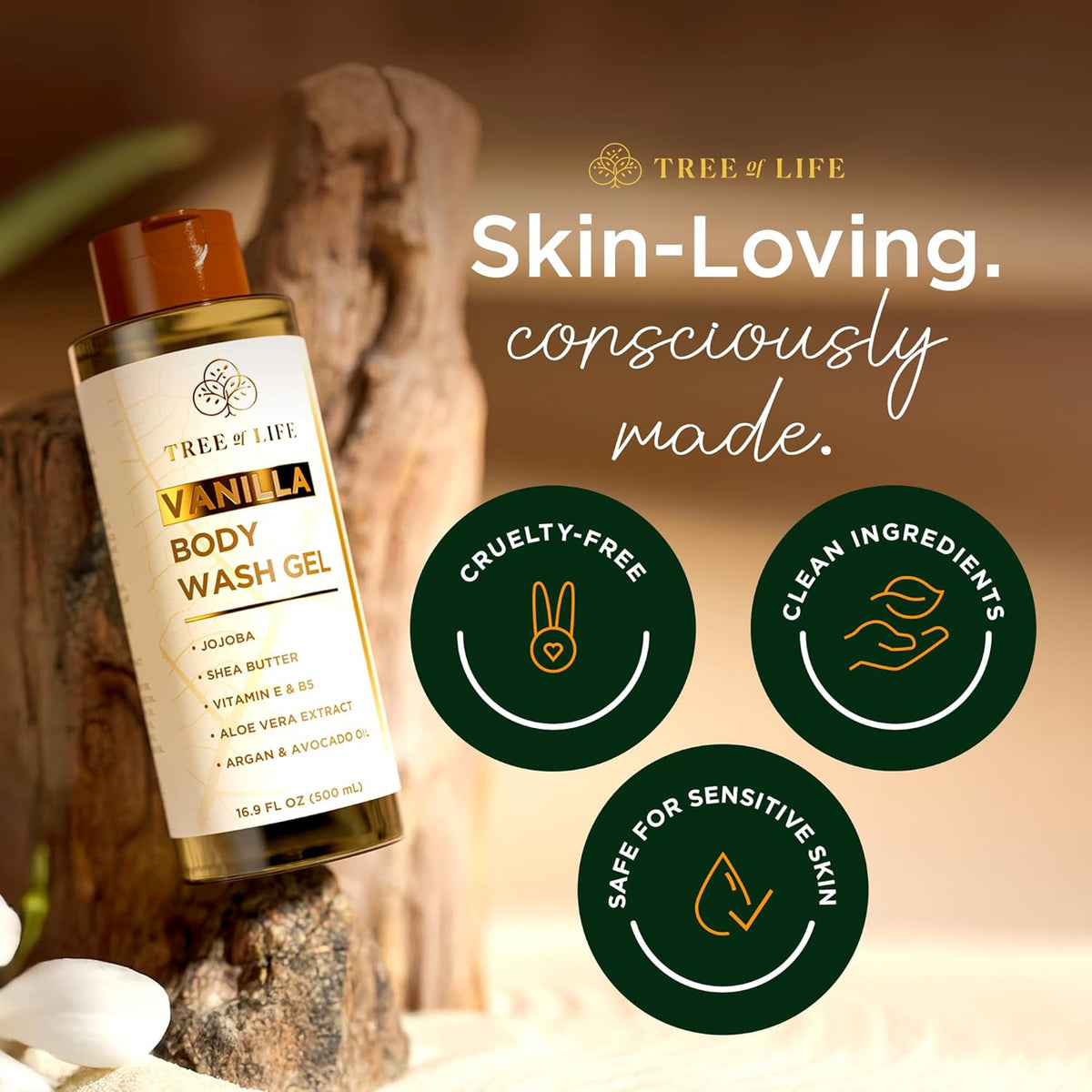 Tree of Life Vanilla Body Wash Gel - Moisturizing Shower Gel with Jojoba Oil and Shea Butter Hydrating Body Wash for Sensitive Skin and All Skin Types, 16.9 fl oz