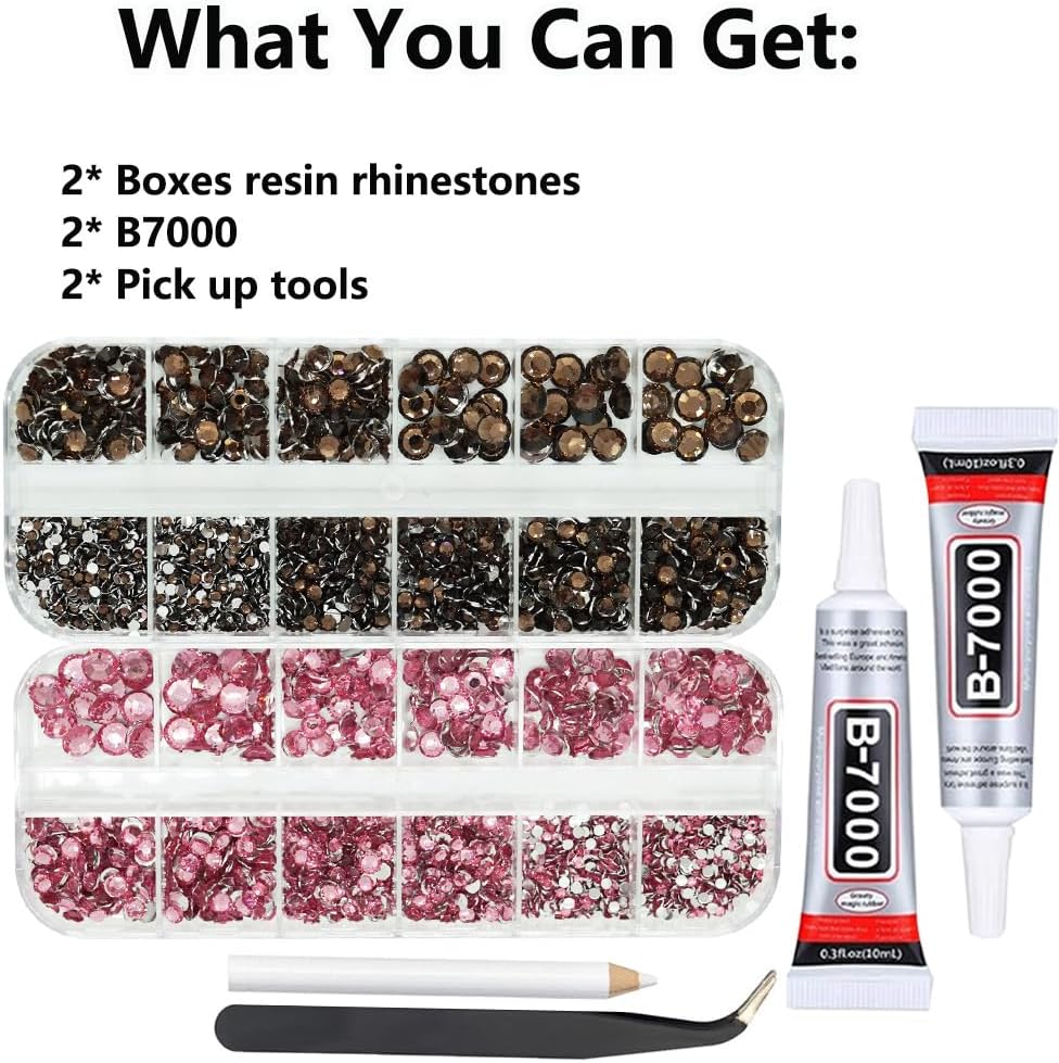 Brown And Pink Rhinestones with Glue(S8-S30) for Bedazzling,2mm-6mm Non-Hotfix Flatback Nail Gems Beads with B7000, Resin Nail GemsStones Diamond Kit for Bedazzle Crafting, Nails DIY Art Decoration