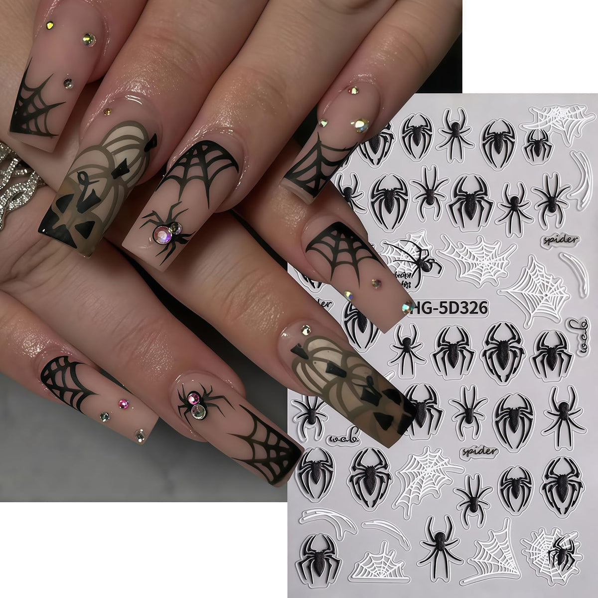Halloween Nail Art Stickers Decals Black White Spider Web Spider Pattern Design 3D Self-Adhesive Nail Stickers Halloween Spider Nail Art Decals for Women DIY Festival Salon Manicure Decoration