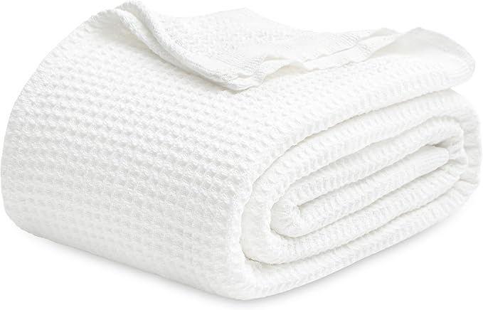 Bedsure 100% Cotton Blanket Queen Size for Bed - Breathable and Soft, Waffle Weave Blanket for Summer Spring, White, 90x90 Inches