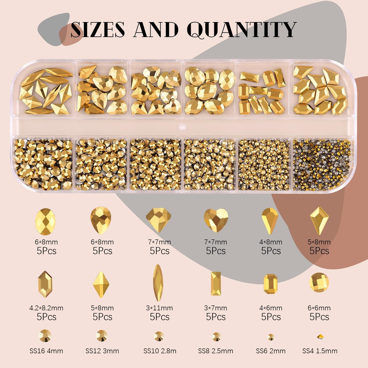 2060Pcs Mineral Gold Glass Nail Rhinestones 60Pcs Multi Shapes Flatback Nail Gems + 2000Pcs 1.5-4mm Round Crystal with Rhinestones Glue Gel, Manicure Nail Charms Diamond Gemstones for Nail Art